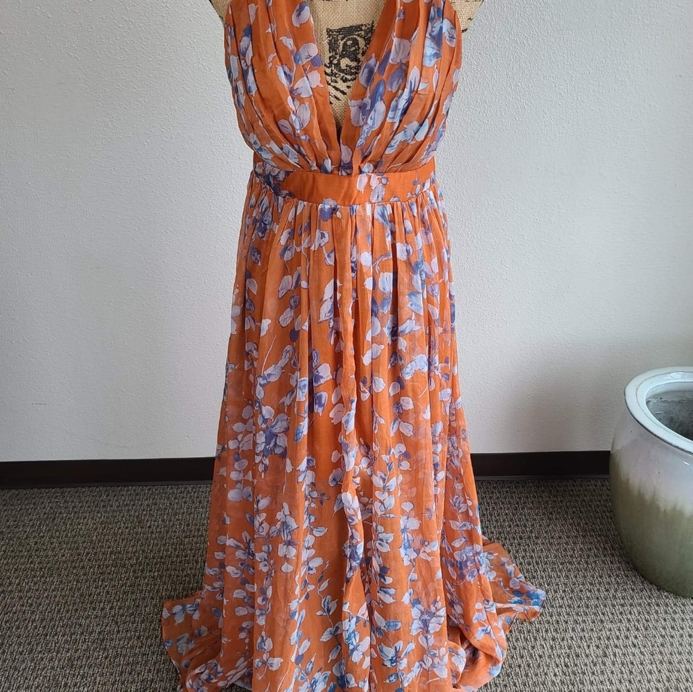 Luxxel Flowing Orange Floral Dress (L) SAME-DAY SHIP IF ORDERED BEFORE 4PM PST - Picture 4 of 5
